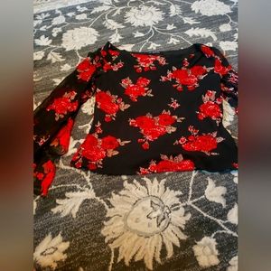 Black Red Floral beaded long sleeved blouse